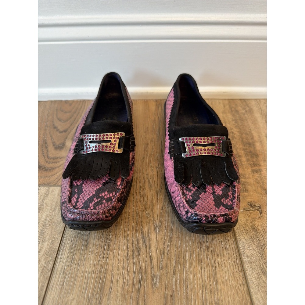 Donald J Pliner Danie Loafer Women 7 Pink Black Snakeskin Suede Good Rhinestone